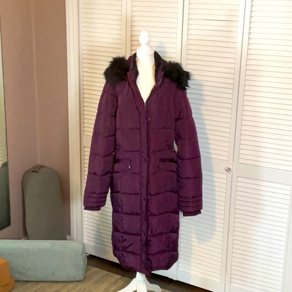 NWT LTS Tall Burgundy Faux Fur Trim Padded Longline Coat Size Women’s US Size 10